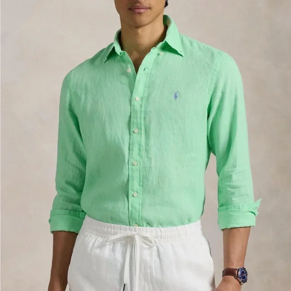 Ralph Lauren Men’s Classic Fit Solid Green Linen Button-Down Shirt size Medium - Picture 1 of 13
